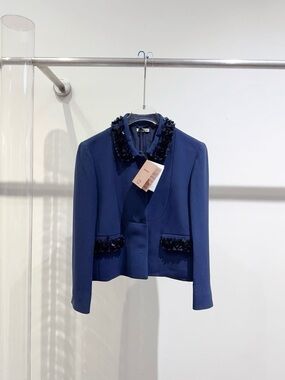Authentic Miu Miu Navy Embellished-Collar Cropped Blazer